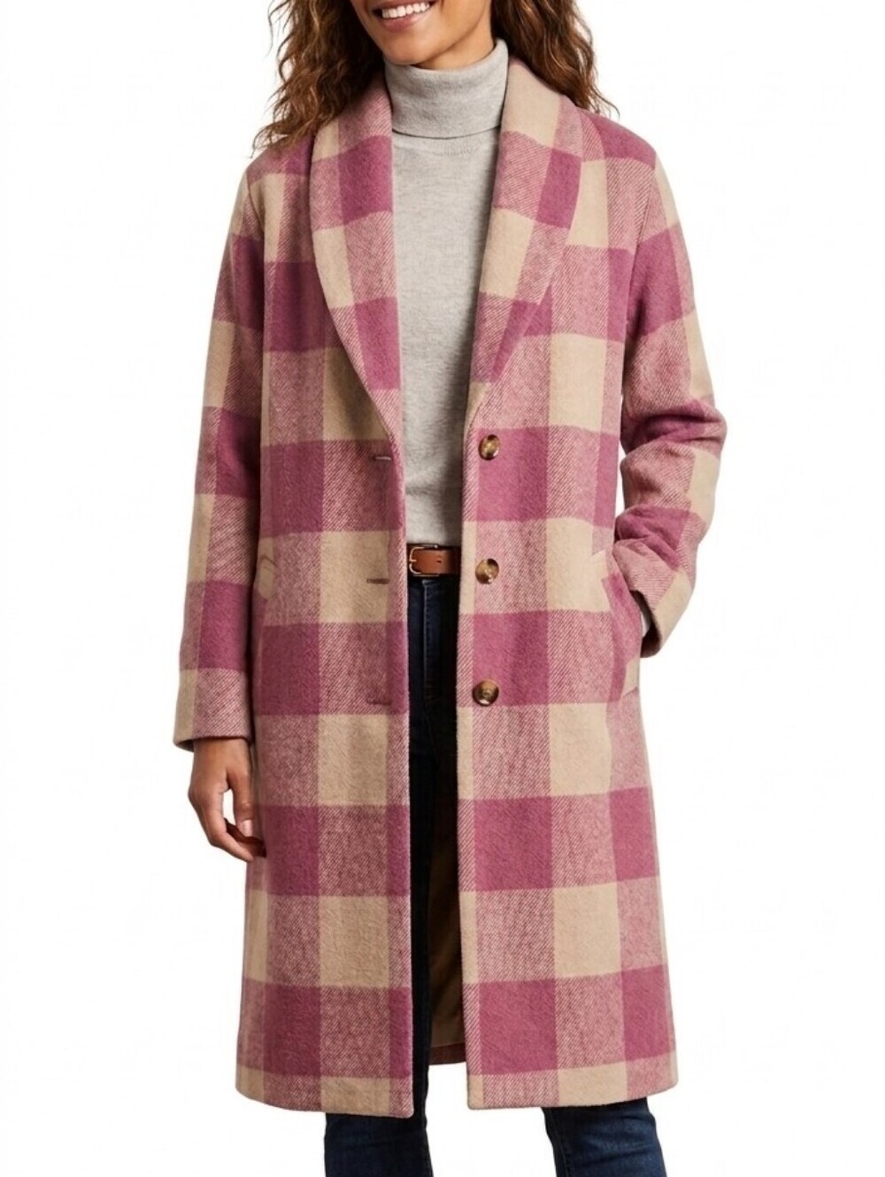 ​RD Style Pink & Cream Plaid Coatigan Small Oversized Long Cardigan Shacket